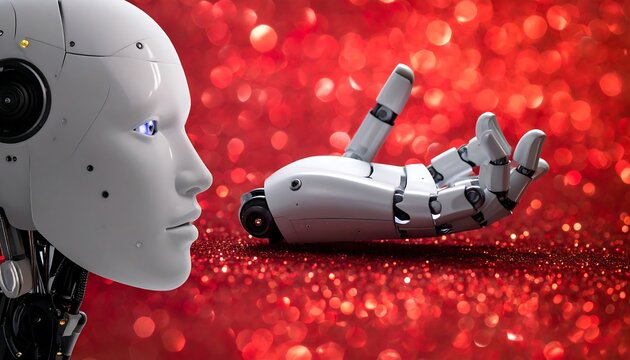 White robot head/hand on bokeh red glitter backdrop, evoking a futuristic, AI-driven aesthetic