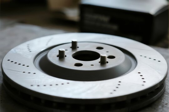 Close-up view of a vehicle brake rotor with drilled and slotted design