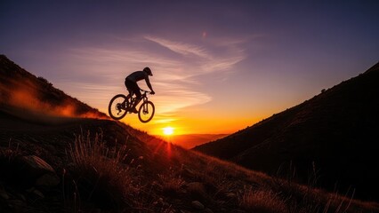Mountain biker in silhouette jumps on hill against vibrant sunset with orange and purple sky