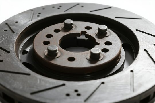 Close-up view of a ventilated brake disc with drilled holes and mounting bolts