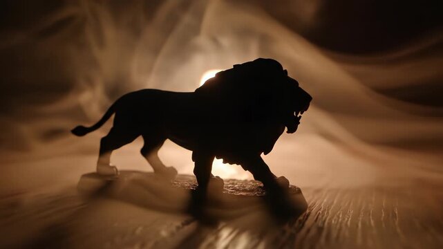 A dramatic of a lion silhouette walking in a dark and mysterious environment with smoke effects