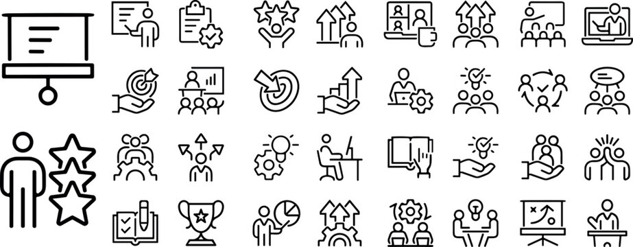 Workshop, business education, online learning icons pack. Such line signs as team building, coaching meeting, managing and motivation. Vector icons set for web and app in outline editable stroke.eps