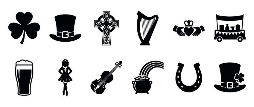Black silhouette icons of traditional Irish symbols for St. Patrick's Day, featuring a shamrock, Celtic cross, leprechaun hat, harp, pot of gold, and horseshoe