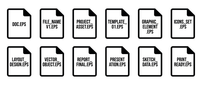 Set of black vector file icons for graphic design projects, including templates, layouts, and print-ready documents, presented in a clean, minimalist, flat line art style