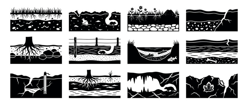 Collection of black and white ground cross-section illustrations showing soil layers, plant roots, underground animals, fossils, and geological formations in a minimalist graphic style