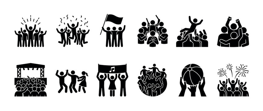 Collection of black pictogram icons showing crowds of people celebrating, cheering at a concert, dancing, and supporting a team at a festival