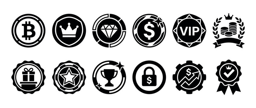 Collection of black silhouette reward icons representing finance, gaming, and achievement concepts like cryptocurrency, VIP status, trophies, and awards for user interface design