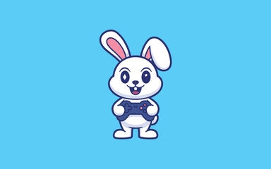 Fototapeta premium Cute White Bunny Playing Video Games with Controller on Blue Background