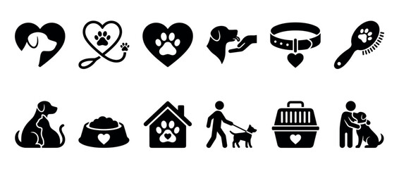 Plakat Twelve black silhouette icons for pet services representing dog care, love, grooming, walking, feeding, and veterinary concepts in a minimalist graphic collection