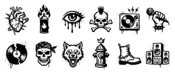 Obraz premium Collection of monochrome punk rock symbols in a gritty street art style, including a skull, spiked heart, spray can, microphone, turntable, and other rebellious urban elements