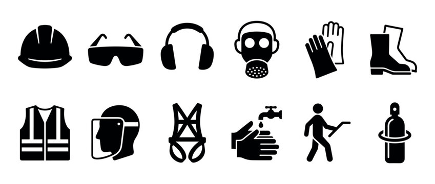 Set of black personal protective equipment icons representing workplace safety with a hard hat, glasses, respirator, gloves, boots, vest, and face shield symbols