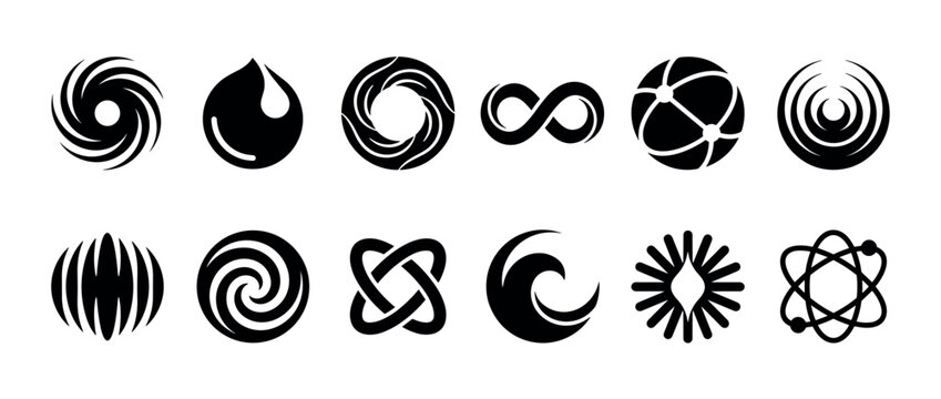 Collection of twelve black abstract graphic icons and symbols representing concepts of nature, science, and eternity in a clean minimalist style