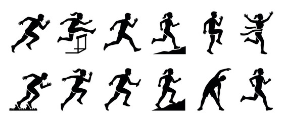 Naklejka premium Set of black runner silhouettes showing various athletic poses and actions including sprinting, hurdling, jogging, stretching, finishing a race, and passing a baton in a relay