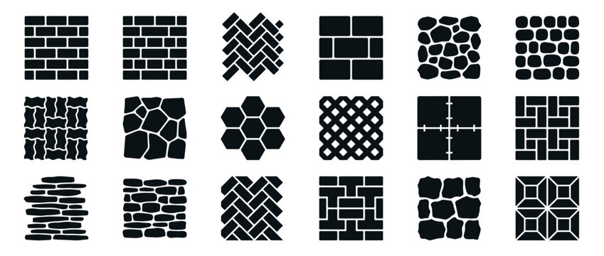 Collection of various pavement texture icons featuring different brickwork, cobblestone, flagstone, and geometric tile patterns in a simple black silhouette graphic style