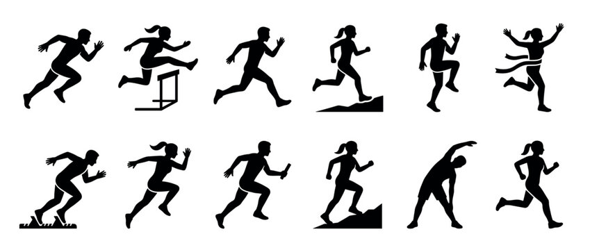 Set of black runner silhouettes showing various athletic poses and actions including sprinting, hurdling, jogging, stretching, finishing a race, and passing a baton in a relay