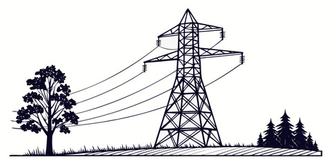 Power transmission tower standing amidst a serene landscape with trees and vegetation © AF
