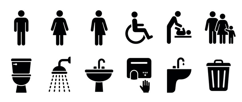 Set of black public restroom icons including male, female, disabled, baby changing, and family symbols with toilet, shower, sink, and hand dryer pictograms in a simple vector style