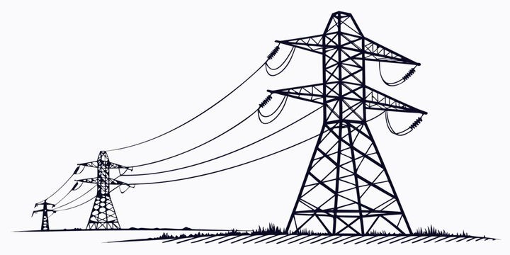 Power transmission towers carrying high-voltage electrical lines across a landscape