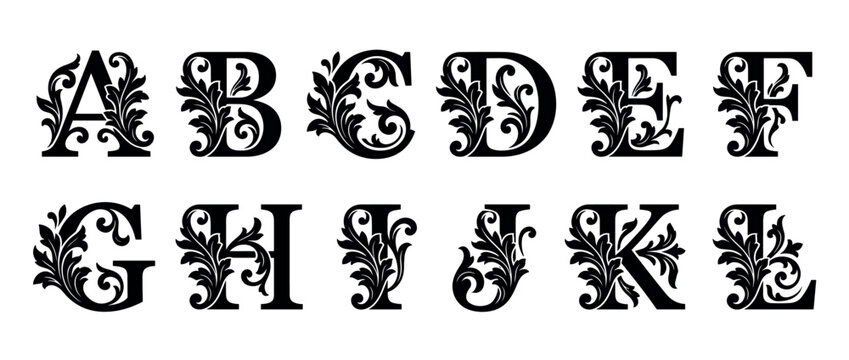 Ornate black capital letters of the alphabet from A to L with elegant baroque floral acanthus leaf scrollwork for a classic monogram or initial design element