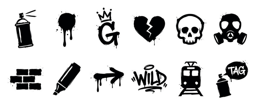 Set of black graffiti style icons featuring a spray can, skull, broken heart, and gas mask with other urban street art elements in a dripping, hand-drawn vector illustration