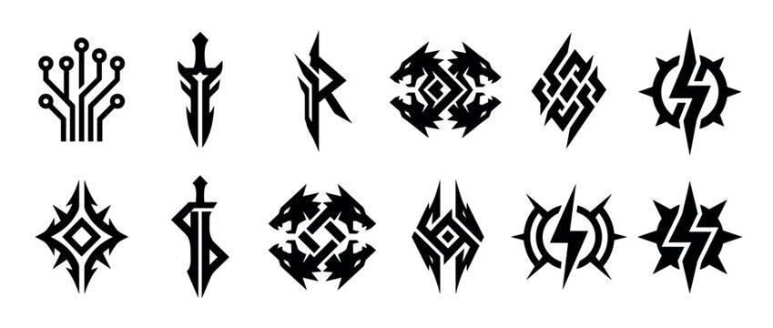 Collection of black fantasy gaming icons and symbols featuring swords, dragons, lightning, and abstract geometric shapes for a modern, sharp aesthetic