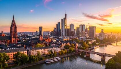 Obraz premium Cityscape with historic church and modern skyscrapers at sunset