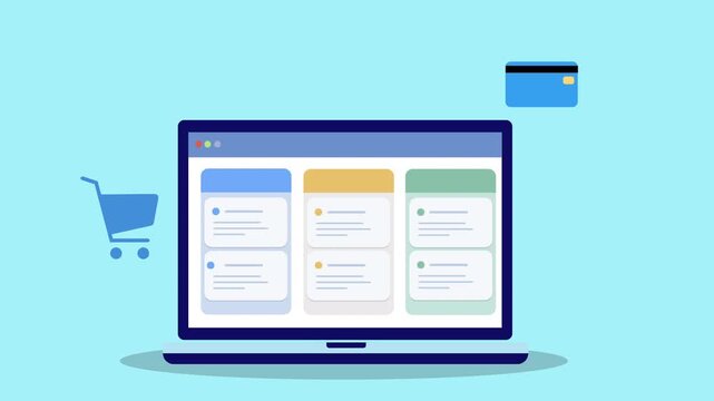 Flat vector animation of laptop ecommerce dashboard with shopping cart and credit card icons representing online shopping, digital payment systems, and ecommerce business management.