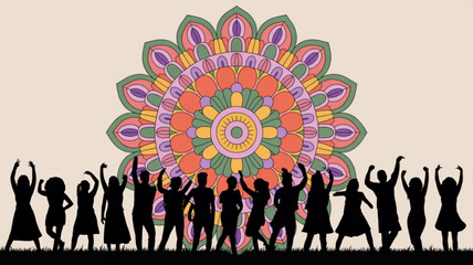 Obraz premium People dancing in front of colorful mandala art joyful silhouettes celebrating with raised arms