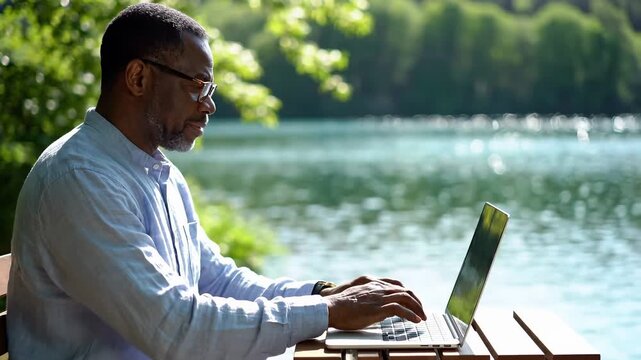 Man focuses on laptop by lake in daylight. Surroundings include trees and water creating a simple outdoor office. Concept of remote work, outdoor settings, technology