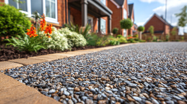 close up textured resin bound gravel paving surface made of small stones and resin used for modern driveway construction and garden landscape pathway