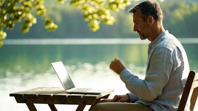 Worker types on laptop at lakeside. Bright sunlight shines down with trees visible in background. Concept of remote work, outdoor office, nature. Location offers calm setting for productive work