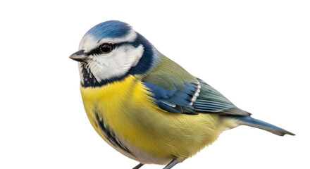 Isolated Eurasian blue tit bird close up standing on a perch side view wildlife photography © Marigold