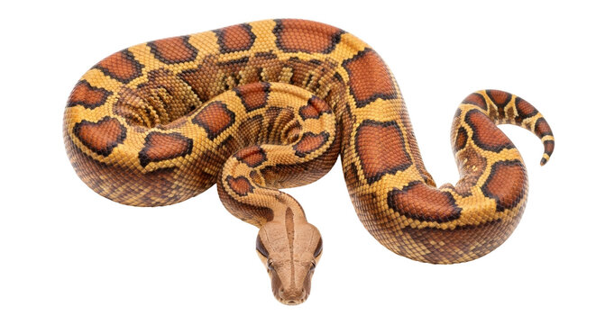 Isolated Madagascan ground boa in striking pose, with yellow and brown patterned scales