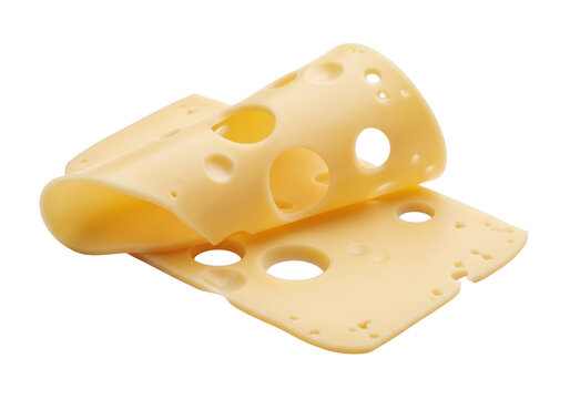 Two delicate, pale golden Emmental cheese slices with distinctive eyes, gently overlapping, isolated against a transparent studio background with copy space, concept for premium dairy product
