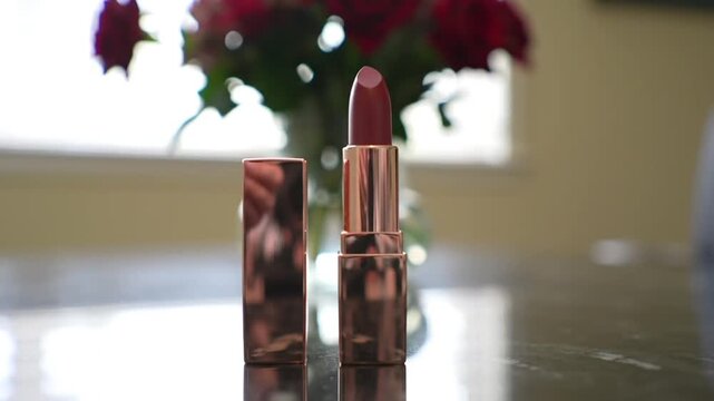 Rose gold lipstick tube and applicator sit on a reflective surface.