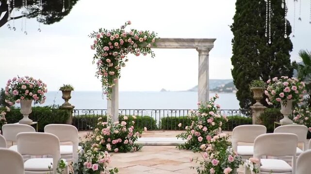 Elegant seaside wedding ceremony setup with floral decorations.