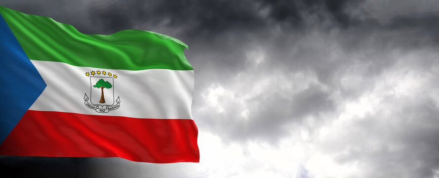 National flag of Equatorial Guinea with dark clouds, 3D rendering.