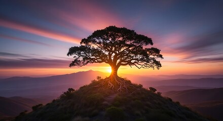 Majestic Tree Silhouette at Sunset on Hilltop.