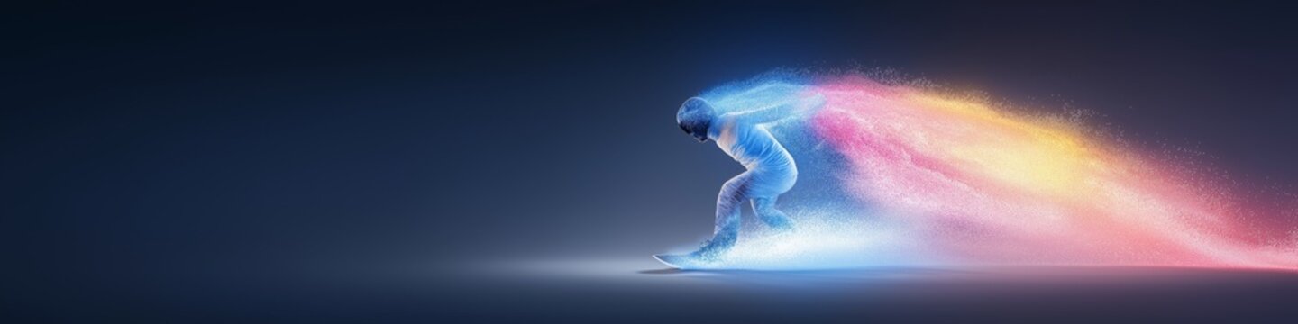 snowboarding banner. snowboarding dynamic wallpaper with colorful light trails on a dark background