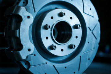 Close-up view of a vehicle brake disc with caliper, showcasing metallic surface and ventilation slots