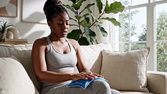 Woman applies heat pad to lower back while sitting on sofa. Bright room features plants and natural light. Concept of wellness, self-care, home comfort
