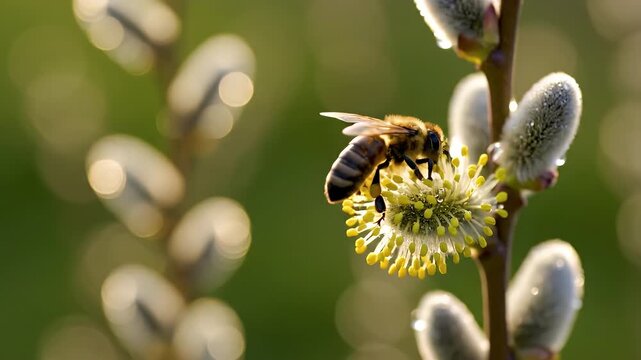 Hyper-realistic honey bee packing pollen on vibrant pussy willow in soft diffused spring dawn