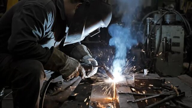 Metal worker in a workshop, welding steel with a mask and gloves, creating sparks and smoke.