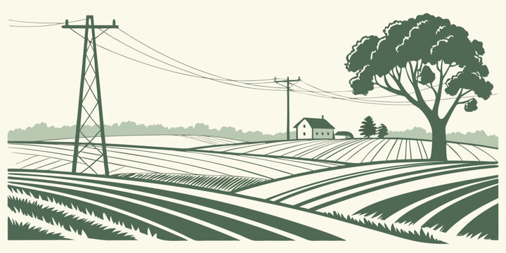 Rural landscape with power lines and cultivated fields under a tree
