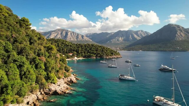 Idyllic Mediterranean bay with sailboats anchored in crystal clear turquoise waters and lush green forested mountains in the background under a blue sky with white clouds