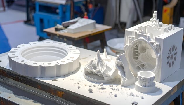 Complex white prototypes displayed on a workbench in a workshop