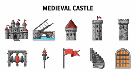 Collection of ten lineart icons representing medieval castle elements © Faisal