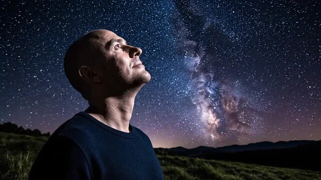 Man gazes upward at the majestic Milky Way Galaxy under the night sky filled with stars, deep space exploration