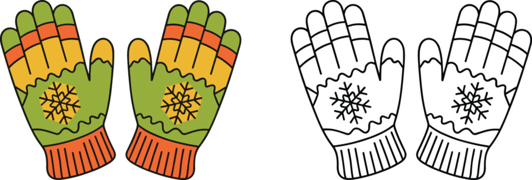Pair of Winter Mittens with Snowflake Design Color and Outline Isolated