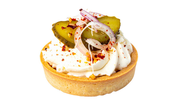 Savory Tart with Cream Cheese, Pickles, Onion, and Chiliked isolated on solid white background 3